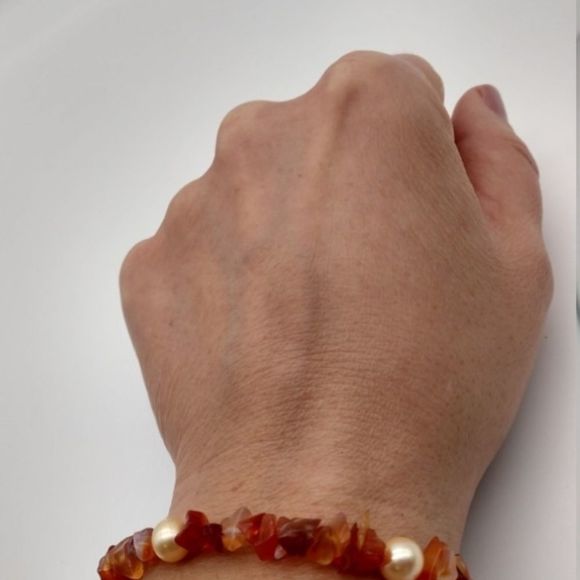 Vintage Sterling Silver Carnelian Pearl Bracelet 1403 - Picture 7 of 8
